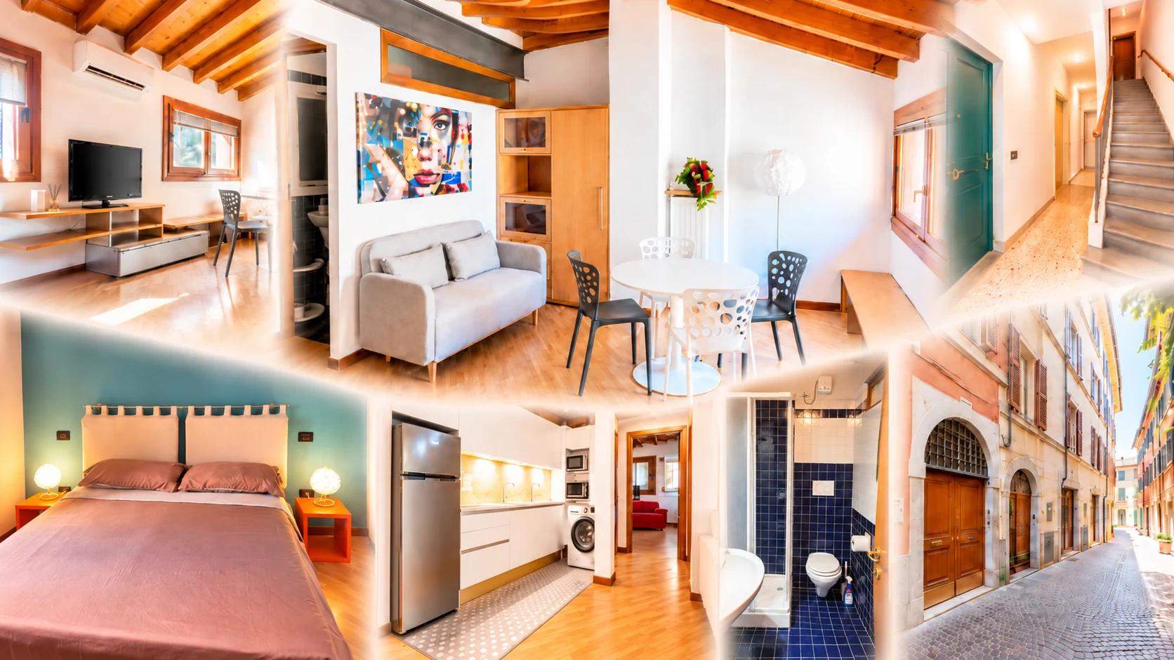 Collage sfumato con fotografie del soggiorno, cucina, camera, bagno e ingresso dell’appartamento
